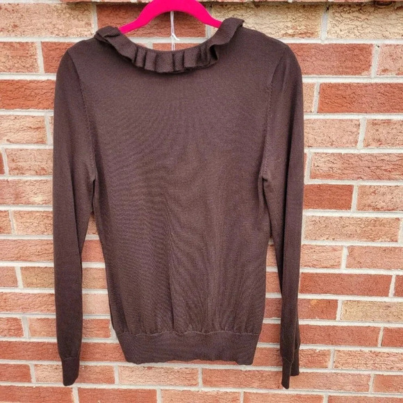 Tory Burch 100% Merino Wool Brown Sweater Women's Size Med Ruffled Collar - Picture 2 of 7